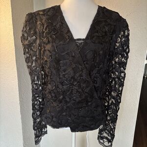 Vintage Patra Black Floral Lace Wrap Blazer Top With Faux Camisole Size 10